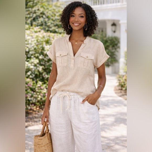 Nicole Miller Tops - Nicole Miller Linen Top XL Beige Short Sleeve Button Pocket Boho NWT